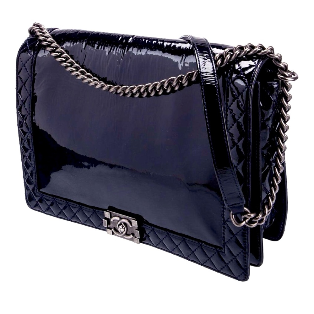 Chanel Navy Patent Leather XL Reverso Boy Bag